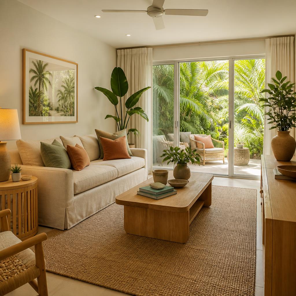 Warm and inviting South Florida apartment living room with natural wood furniture and lush tropical greenery
