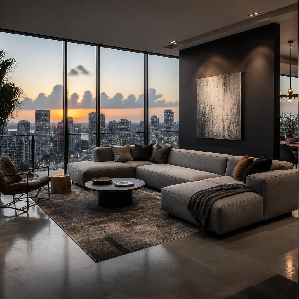 Sleek modern high-rise apartment living room with floor-to-ceiling city skyline views at sunset