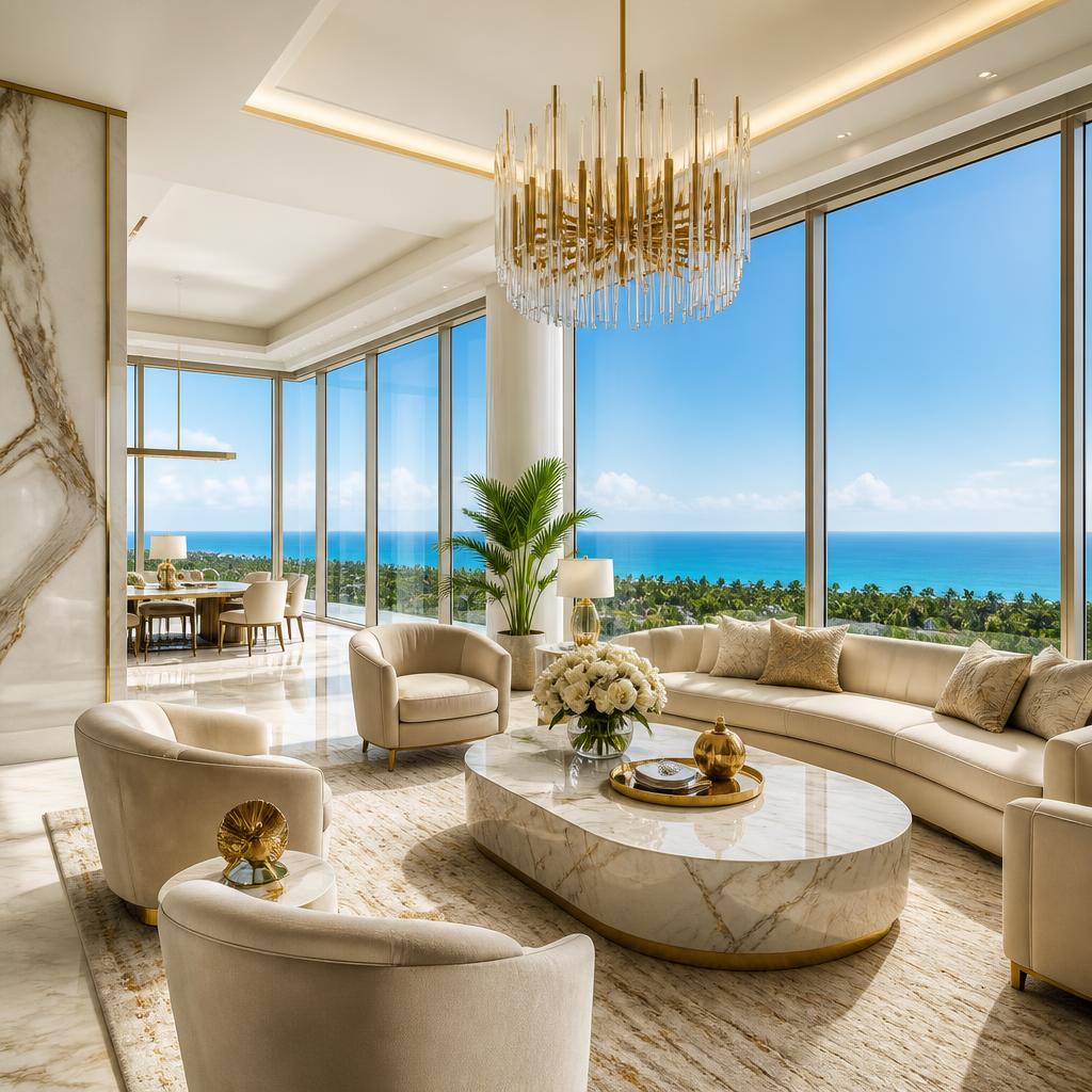 Luxurious South Florida penthouse living area with ocean views, marble finishes, and gold accents